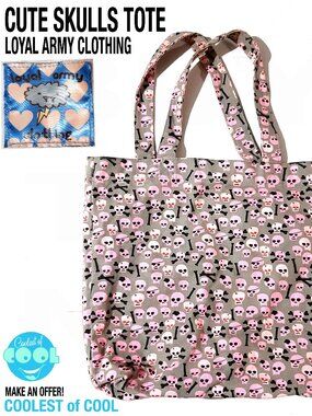 Loyal Army Clothing tote bag cute pink cartoon skulls on grey 2 inner pocket bag